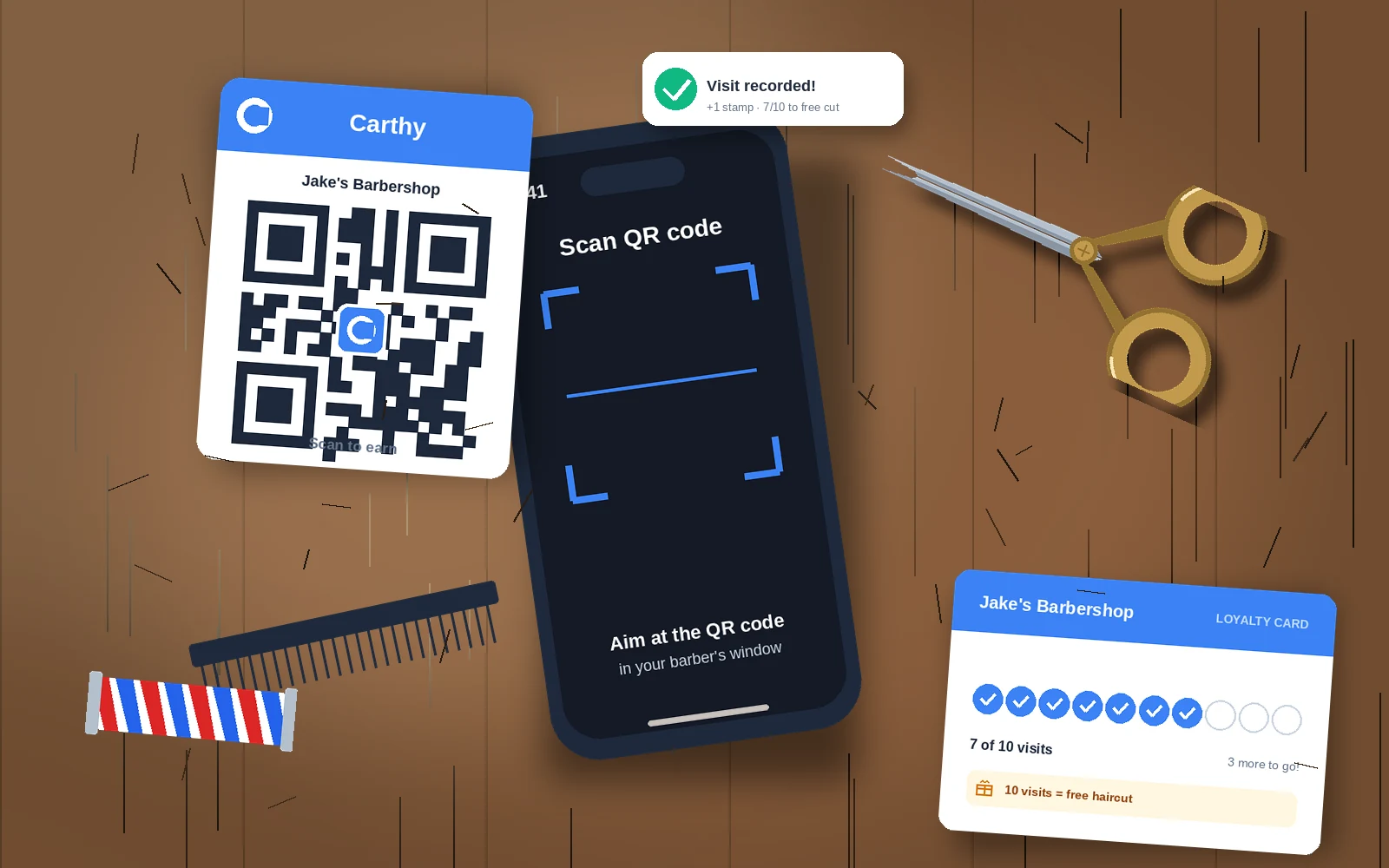 Customer scanning a Carthy QR code at a barbershop counter